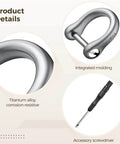 Product details showing ✝️ 4 Pcs Titanium Alloy Horseshoe D-Shaped Buckle Keychains, Includes Screwdriver, lightweight and durable design.