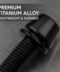 Close-up of a black titanium alloy hex bolt with washer, part of 5 Pcs Titanium Alloy M6 x 20mm Allen Hex Bolts for Bicycle V-Brake Hub.