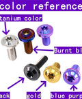 Color variations of GR5 Titanium Alloy Flying Saucer Head Screws in titanium, burnt blue, black, gold, and blue purple.