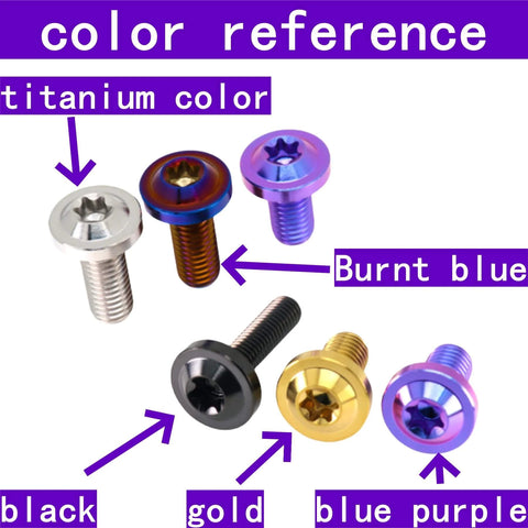 Color variations of GR5 Titanium Alloy Flying Saucer Head Screws in titanium, burnt blue, black, gold, and blue purple.