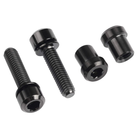 Black Wanyifa Titanium M5x18mm bolts with washer and hex head, 20mm length, for bicycle stem front forking lock, shown in set of four.