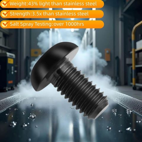 ✝️ TIRYTU 10PCS Titanium Bolts M5x15mm Lightweight Design in industrial setting, emphasizing lightweight, strength, and salt spray testing.