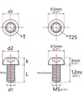 Technical diagram of 4 pcs titanium M5 x 12mm Torx head bolts for bicycle bottle cage showing measurements and thread details.
