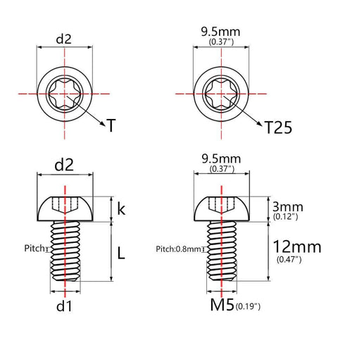 Technical diagram of 4 pcs titanium M5 x 12mm Torx head bolts for bicycle bottle cage showing measurements and thread details.