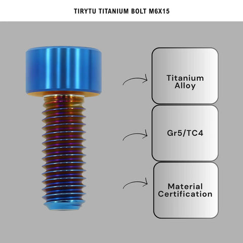 ✝️ TIRYTU Lightweight Titanium Bolts M6x15 - Hex Socket Screws in Burnt Blue, corrosion-resistant, with material details shown.