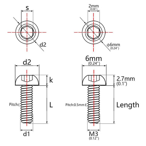 Technical diagram of ✝️ Wanyifa Titanium Bolt M3 8 10 12 15mm Allen Key Head Screws, showing dimensions and pitch specifications.