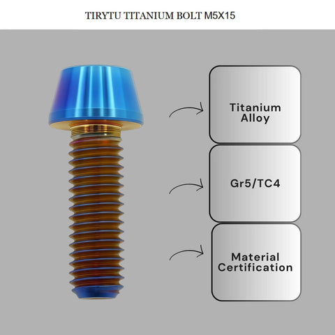 TIRYTU Titanium Bolts M5x15 showing titanium alloy material and certification, burnt blue tapered head hex socket screw for marine use