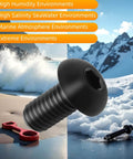 TIRYTU 10PCS Titanium Bolts M5x15mm Lightweight Design shown in extreme environments, suitable for humid and salty conditions, black bolt close-up.