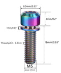 ✝️ UHDFBDHF Titanium Bolt Hex Screw M5x16 18 20mm Stigma Chamfer Head Bolt with Washer, shown with measurements, rainbow M5x16mm