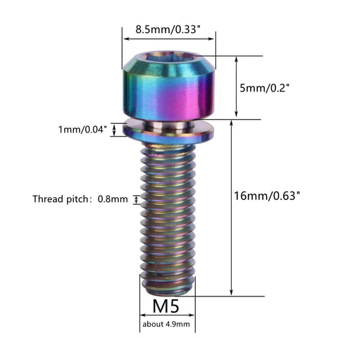 ✝️ UHDFBDHF Titanium Bolt Hex Screw M5x16 18 20mm Stigma Chamfer Head Bolt with Washer, shown with measurements, rainbow M5x16mm