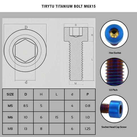 Diagram and specifications of ✝️ TIRYTU Lightweight Titanium Bolts M6x15 with hex socket, burnt blue color, for MTB/Road Bike upgrades.