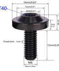 Diagram of UHDFBDHF 4Pcs Titanium Bolt M6 10 15 20mm Torx T40 Screws for Bicycle Motorcycle Car Bolt (Black, M6x15mm) with measurements