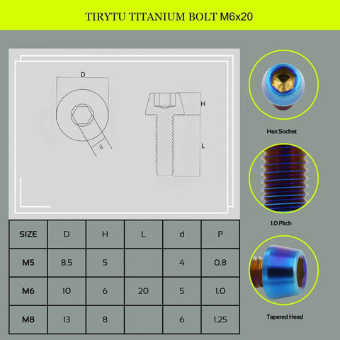 Diagram and specs of TIRYTU Titanium Bolts M6X20 with hex socket, 1.0 pitch, tapered head, ideal for humid/salty environments, burnt blue color.