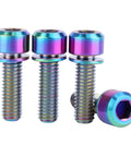 ✝️ UHDFBDHF Titanium Bolt M6x16 18 20mm Allen Hex Pillar Head for Bicycle Screw Pack of 4 in rainbow colors, shown up close.