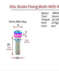 Titanium bolt screw M6x20mm with washer and specs for MTB road bicycle disc caliper in oil slick finish, shown with measurements.