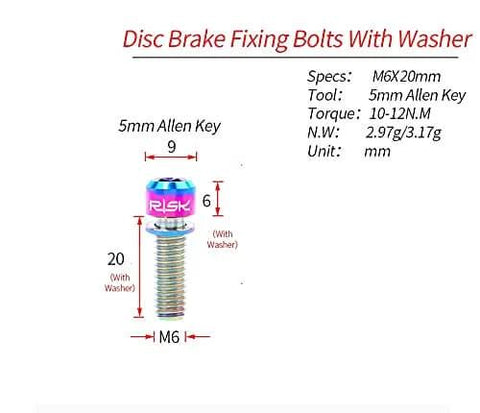 Titanium bolt screw M6x20mm with washer and specs for MTB road bicycle disc caliper in oil slick finish, shown with measurements.