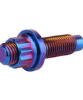 Burnt blue UHDFBDHF Titanium Bolt M8 M10x45mm Pitch 1.25, automotive exhaust manifold stud, close-up view of threaded bolt.
