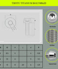 Diagram and measurements of ✝️ TIRYTU Titanium Bolts M8x20mm in hex socket design with tapered head and 1.25 pitch, ideal for humid environments.