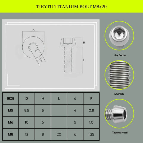 Diagram and measurements of ✝️ TIRYTU Titanium Bolts M8x20mm in hex socket design with tapered head and 1.25 pitch, ideal for humid environments.