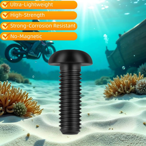 TIRYTU 10PCS Titanium Bolts M5x15mm in a black finish, shown underwater, highlighting lightweight, strength, and corrosion resistance features.