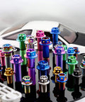 Colorful assorted titanium bolts with hex head flanges on display, including RISON Titanium Bolts Hex Head Flange Burnt Blue GR5 Titanium Screws M6x30mm Pack of 5.
