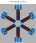 Arrangement of TIRYTU Lightweight Titanium Bolts M6x15 with hex socket in burnt blue, corrosion resistant for MTB and motorcycles