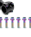Juscycling Pack of 6 pcs Titanium Bolts Screws for MTB Road Bicycle and Mountain Bike Stem, M5X18mm (Oil Slick), shown with bike stem
