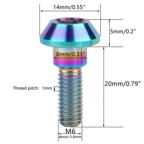 ✝️ UHDFBDHF 6Pcs Titanium Screw Motorcycle Brake Disc Bolt M6 x 20mm for Suzuki Yamaha Brake Disc Bolt Screw (Ranibow) with measurements