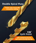 Close-up of Sixteen Piece Titanium Coated HSS Drill Bit Set With Hex Shank For Wood Plastic Aluminum showing spiral flute and split point features.