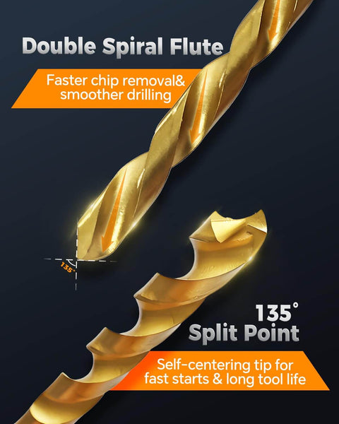 Close-up of Sixteen Piece Titanium Coated HSS Drill Bit Set With Hex Shank For Wood Plastic Aluminum showing spiral flute and split point features.