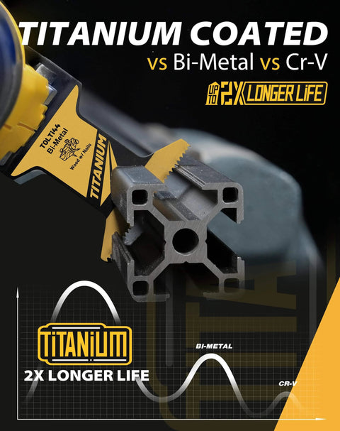 TOLESA 16pcs Extra-Long Titanium Oscillating Saw Blades Multi-Purpose Set cutting metal with durability comparison chart included.