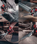 10 Inch Heavy Duty Scissors With Titanium Coating Forged Stainless Steel Blades For Pruning Gardening Fabric And Household Tasks Rust Resistant Multipurpose Shears With Red And Black Handles shown cutting various materials