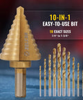 Titanium Coated Step Drill Bit Set With 10 Sizes From Quarter Inch To One And Three Eighths Inches For Sheet Metal