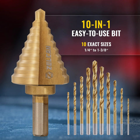 Titanium Coated Step Drill Bit Set With 10 Sizes From Quarter Inch To One And Three Eighths Inches For Sheet Metal