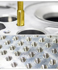 Top view of Metric Tap & Drill Bit Set in use, showing M2 x 0.4 Spiral Point Taps Titanium Coated creating threads in metal.