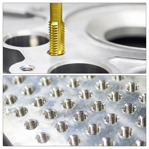 Top view of Metric Tap & Drill Bit Set in use, showing M2 x 0.4 Spiral Point Taps Titanium Coated creating threads in metal.