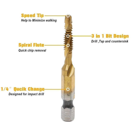 ✝️ AUTOTOOLHOME 6 Pack Titanium Combination Drill Tap Bit Set featuring 3-in-1 bit design, spiral flute, and quick change.