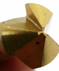 Close-up of Durable Titanium Plated Countersunk Drill Bit 12.4mm Diameter, 8mm Shank, showing 90 Degree Three Flute chamfering end.