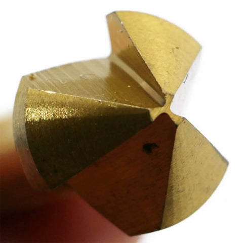 Close-up of Durable Titanium Plated Countersunk Drill Bit 12.4mm Diameter, 8mm Shank, showing 90 Degree Three Flute chamfering end.