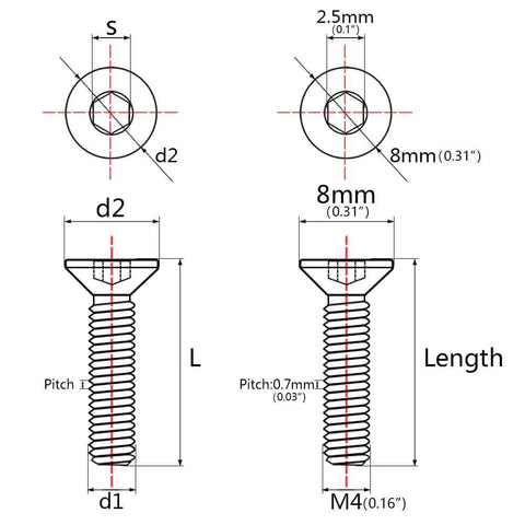 Diagram of ✝️ Wanyifa Titanium Ti M4x8 10 12 15 20 mm Countersunk Flat Head Hex Socket Cap Screw Bolt, showing dimensions and pitch.