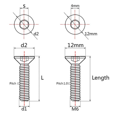 Technical diagram of ✝️ Wanyifa Titanium Ti M6x10 15 20 25 30 35 40 45mm Countersunk Flat Head Hex Socket Cap Screw Bolt pack of 4 (M6x15mm, Normal Titanium)
