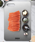 Salmon and ingredients on a Titanium Cutting Board, part of the Titanium Cutting Board Set of 3, Premium Pure Titanium Chopping Boards for Kitchen, Non-Toxic & Dishwasher Safe for Meat, Fruit, and Vegetables (3PCS).