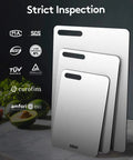 Titanium Cutting Board Set of 3 displayed with strict inspection certifications on a kitchen counter.