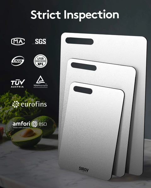 Titanium Cutting Board Set of 3 displayed with strict inspection certifications on a kitchen counter.
