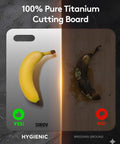 Comparison of banana on a 100% Pure Titanium Cutting Board highlighting hygienic benefits; clean vs. breeding ground.
