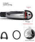 Close-up of FEGVE Titanium D Ring Key Ring with screwdriver, Car Fob holder Keychain Men Key Shackle Horseshoe Clasp with size details