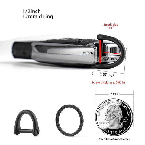 Close-up of FEGVE Titanium D Ring Key Ring with screwdriver, Car Fob holder Keychain Men Key Shackle Horseshoe Clasp with size details