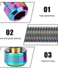 Close-up of Vbestlife Titanium Disk Brake Bolts M6 X 25mm MTB Disc Brake Calipers in multicolor with high gloss and titanium alloy material.