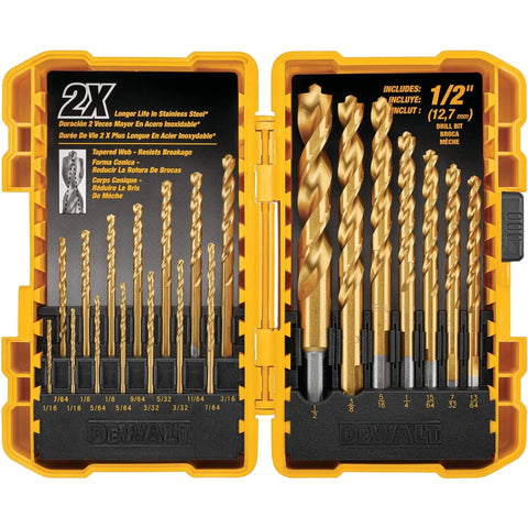 DEWALT Titanium Nitride Coated Drill Bit Set With Pilot Point, 21 Pieces, 1/16 To 1/2 Inch, Tough Case, open view showing bits