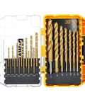 Titanium Nitride Coated Drill Bit Set With Pilot Point, 21 Pieces, 1/16 to 1/2 Inch, in Tough Case, open and displayed